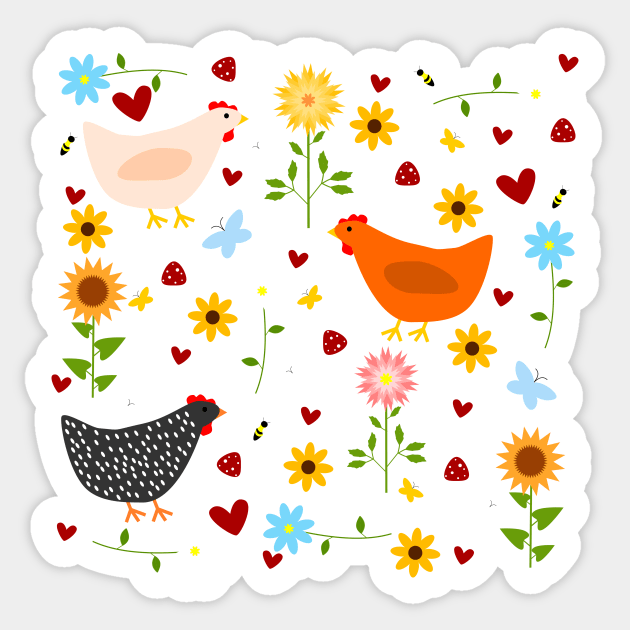 Chickens in the Garden with Sunflowers, Daisies, Dahlias, Hearts, and Mushrooms Sticker by DandelionDays